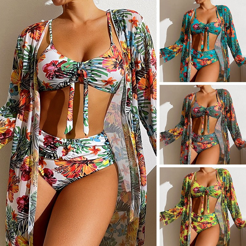 Long Sleeve Cover Up Split Three Piece Set Printed Swimwear